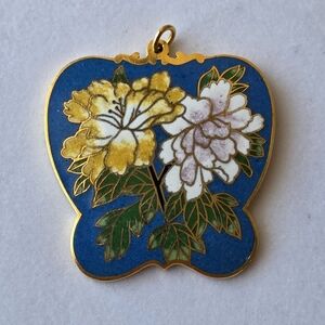 Vintage Cloisonné Flower Pendant Beautiful Colors & Design Embossed Gold Back